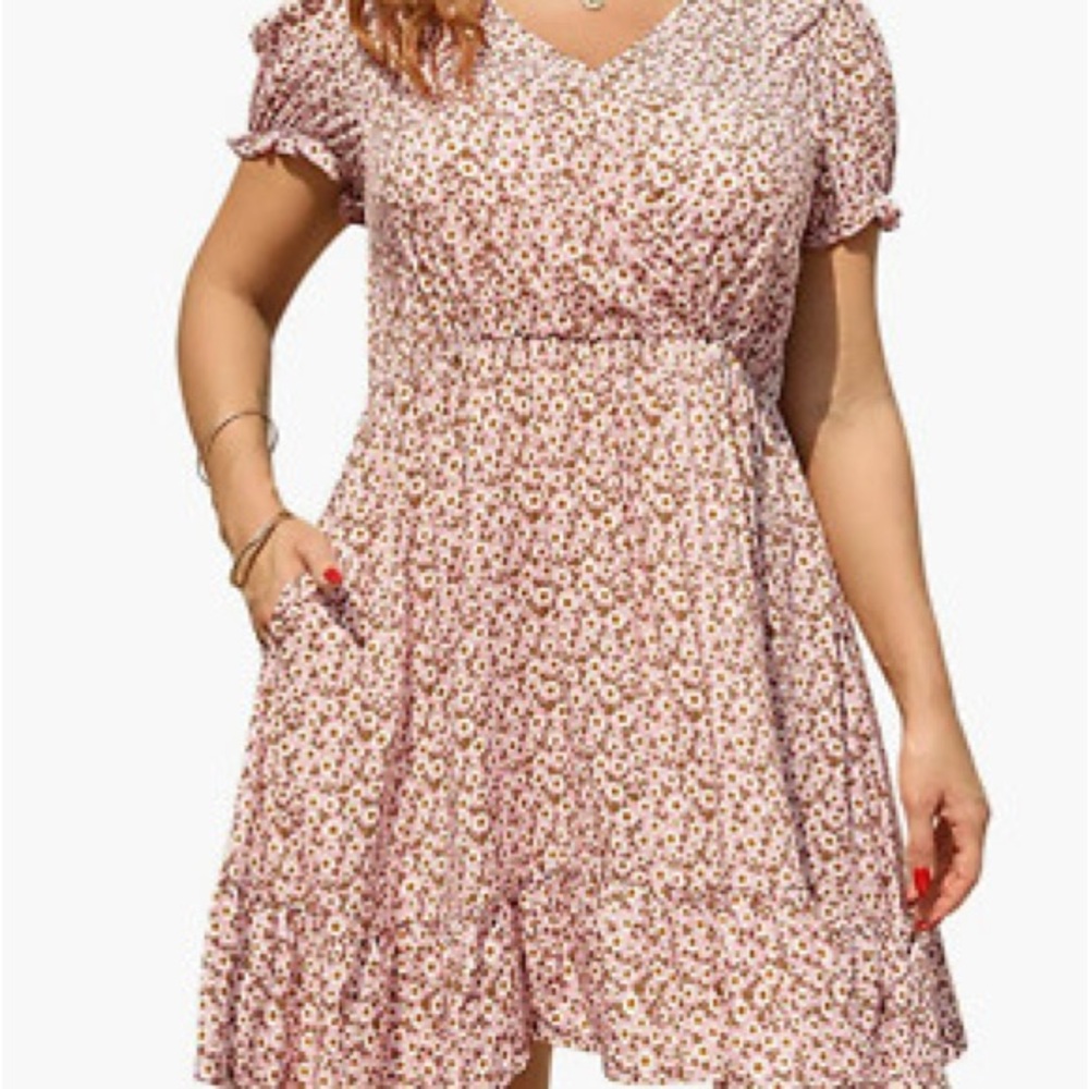 Pink and White Puff Sleeve V-Neck Sundress